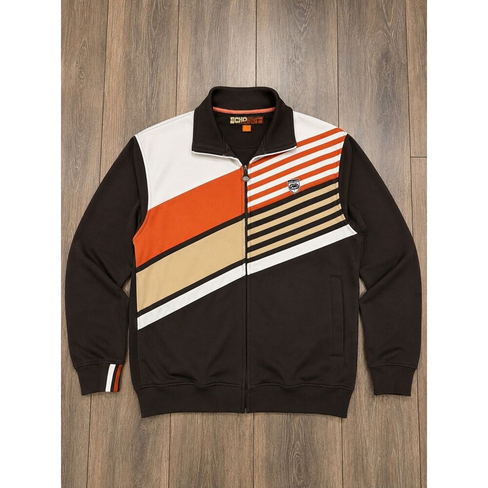 Vintage Y2K Ecko Unltd Track Jacket Mens L Brown Orange Stripe Hip Hop Rhino